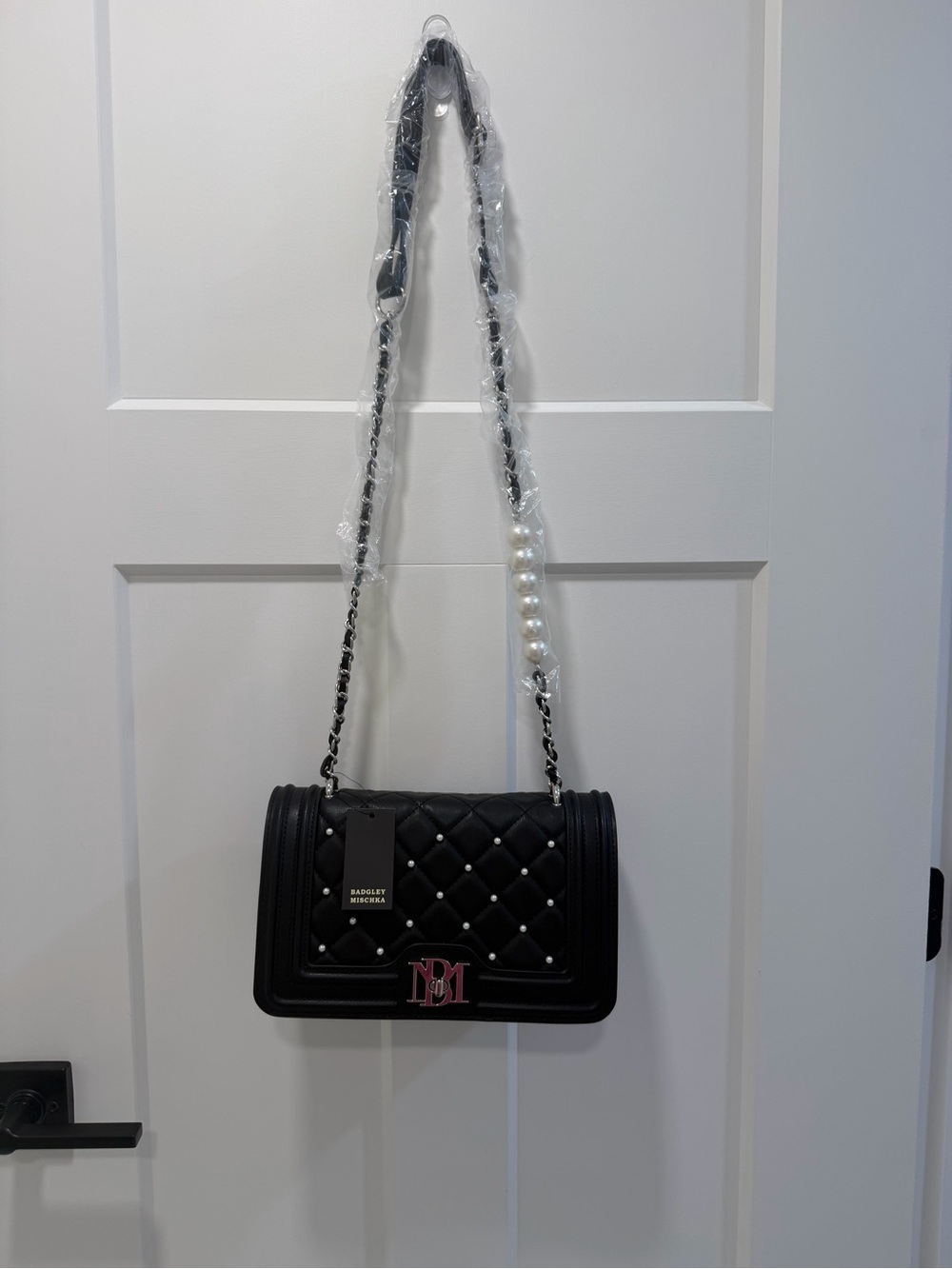 Badgley Mischka Black Quilted Crossbody with Pearl Chain